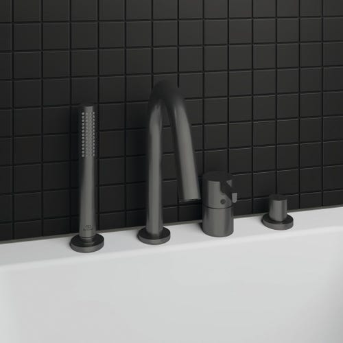 Immagine di Ideal Standard JOY gruppo bordo vasca 4 fori, con deviatore, bocca di erogazione, doccetta stilo a 1 funzione e porta doccetta, finitura magnetic grey BC789A5
