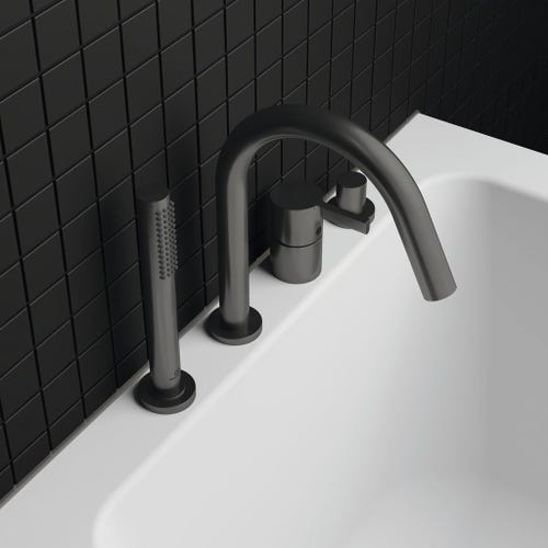 Immagine di Ideal Standard JOY gruppo bordo vasca 4 fori, con deviatore, bocca di erogazione, doccetta stilo a 1 funzione e porta doccetta, finitura magnetic grey BC789A5