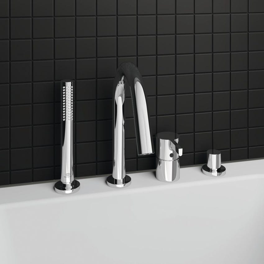 Immagine di Ideal Standard JOY gruppo bordo vasca 4 fori, con deviatore, bocca di erogazione, doccetta stilo a 1 funzione e porta doccetta, finitura cromo BC789AA