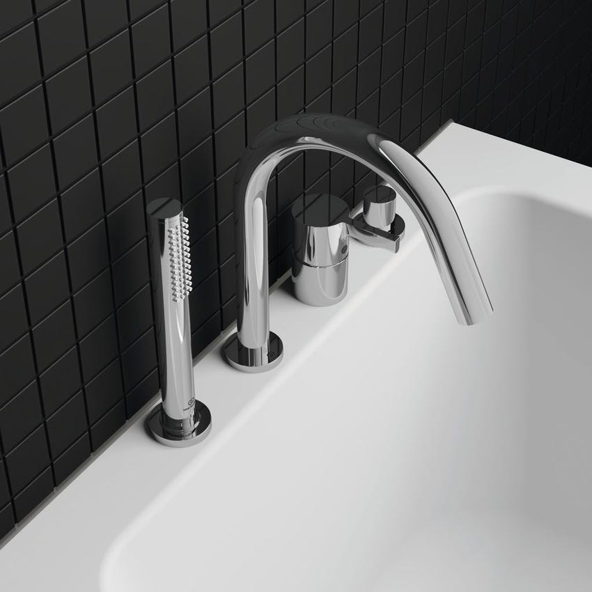 Immagine di Ideal Standard JOY gruppo bordo vasca 4 fori, con deviatore, bocca di erogazione, doccetta stilo a 1 funzione e porta doccetta, finitura cromo BC789AA