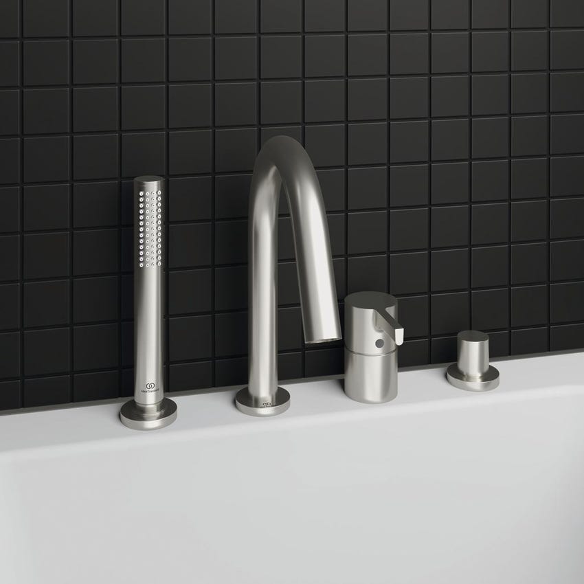 Immagine di Ideal Standard JOY gruppo bordo vasca 4 fori, con deviatore, bocca di erogazione, doccetta stilo a 1 funzione e porta doccetta, finitura silver storm BC789GN