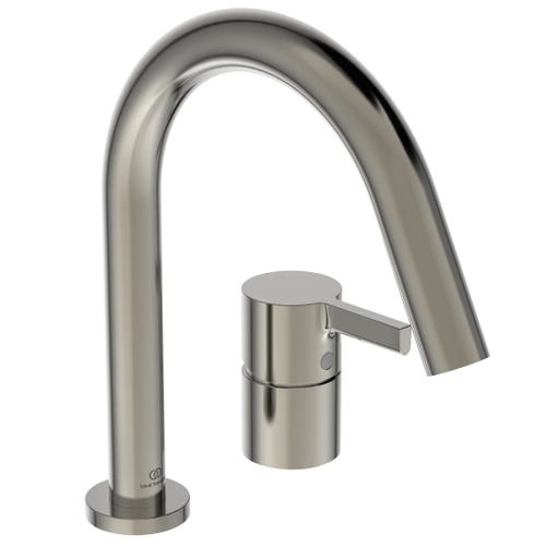 Immagine di Ideal Standard JOY gruppo bordo vasca 4 fori, con deviatore, bocca di erogazione, doccetta stilo a 1 funzione e porta doccetta, finitura silver storm BC789GN