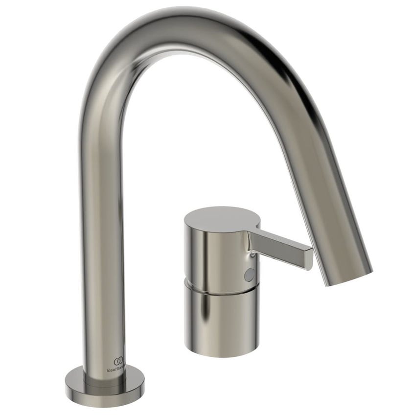 Immagine di Ideal Standard JOY gruppo bordo vasca 4 fori, con deviatore, bocca di erogazione, doccetta stilo a 1 funzione e porta doccetta, finitura silver storm BC789GN