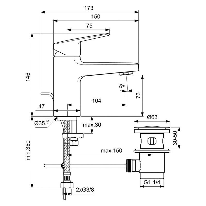 Immagine di Ideal Standard CERAPLAN miscelatore monocomando per lavabo, con scarico, con aeratore 5 l/min e fissaggi EasyFix, finitura cromo BD214AA