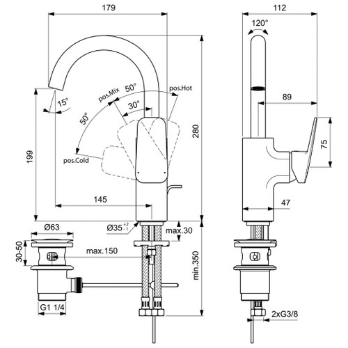 Immagine di Ideal Standard CERAPLAN miscelatore monocomando per lavabo, con bocca di erogazione tubolare orientabile, con scarico, finitura cromo BD235AA