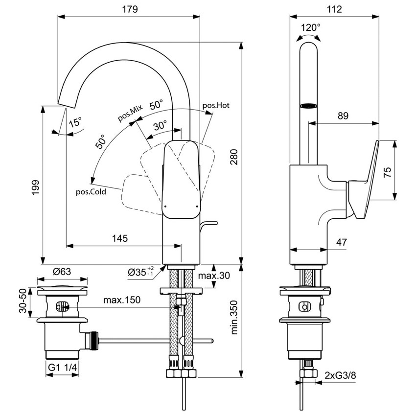 Immagine di Ideal Standard CERAPLAN miscelatore monocomando per lavabo, con bocca di erogazione tubolare orientabile, con scarico, finitura cromo BD235AA