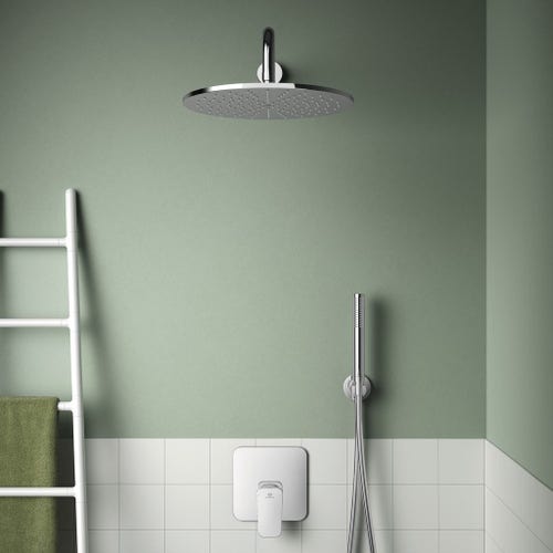 Immagine di Ideal Standard soluzione bagno completo, sanitari sospesi, lavabo con mobile 80 cm, doccia rettangolare 120x80 cm, colore bianco, rubinetteria finitura cromo SING11