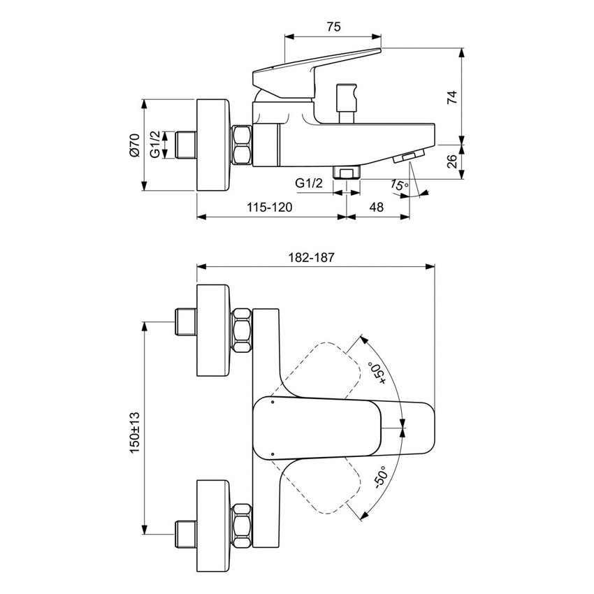 Immagine di Ideal Standard CERAPLAN miscelatore esterno per vasca/doccia, con doccetta Idealrain 1 funzione, supporto fisso e tubo flessibile 150 cm, finitura cromo BD256AA