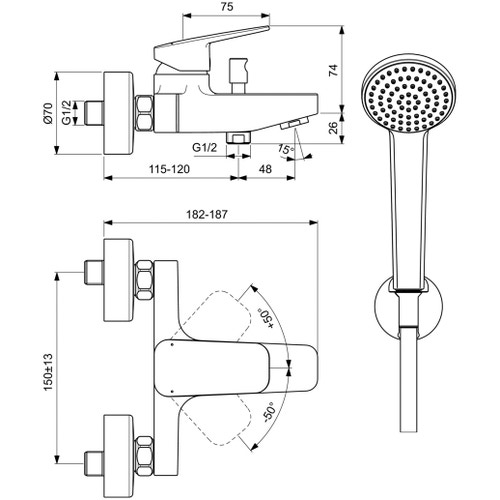 Immagine di Ideal Standard soluzione bagno completo, sanitari sospesi, lavabo 60 cm, vasca rettangolare 170x75, colore bianco finitura lucido, rubinetteria finitura cromo SING9