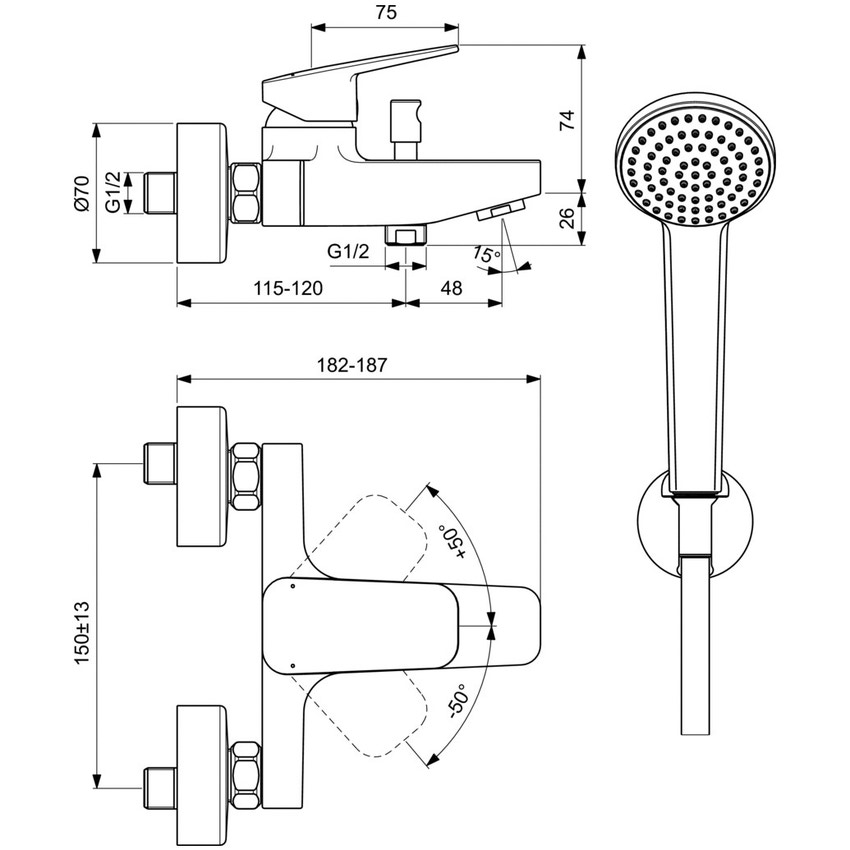 Immagine di Ideal Standard soluzione bagno completo, sanitari sospesi, lavabo 60 cm, vasca rettangolare 170x75, colore bianco finitura lucido, rubinetteria finitura cromo SING9
