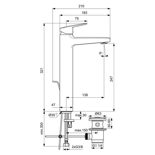 Immagine di Ideal Standard CERAPLAN miscelatore monocomando lavabo da appoggio su piano, aeratore 3,8 l/min, con scarico, finitura cromo BD277AA