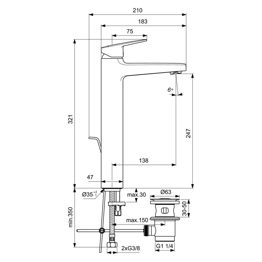 Immagine di Ideal Standard CERAPLAN miscelatore monocomando lavabo da appoggio su piano, aeratore 3,8 l/min, con scarico, finitura cromo BD277AA