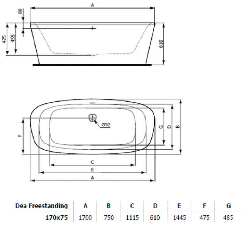 Immagine di Ideal Standard DEA vasca 170 cm centro stanza dotata di colonna di scarico e telaio, colore bianco E306601