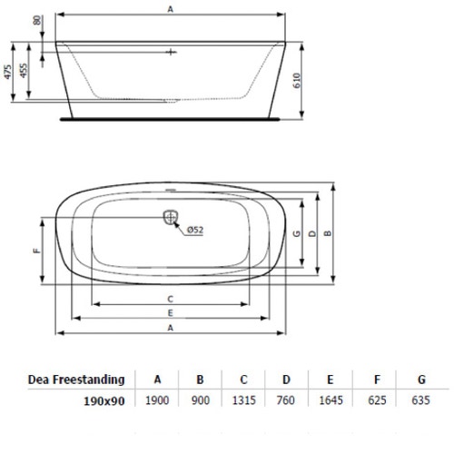 Immagine di Ideal Standard DEA vasca 190 cm centro stanza dotata di colonna di scarico e telaio, colore bianco E306801
