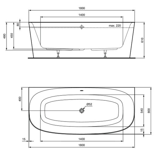 Immagine di Ideal Standard DEA vasca 180 cm centro parete dotata di colonna di scarico e telaio, colore bianco T994001