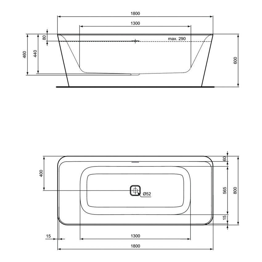 Immagine di Ideal Standard TONIC II vasca centro stanza, con colonna di scarico e telaio L.180 cm, colore bianco seta finitura opaco K8725V1