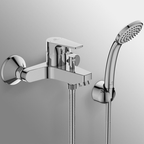 Immagine di Ideal Standard CERAFINE D miscelatore monocomando esterno per vasca/doccia, con doccetta 1 funzione, supporto a muro e flessibile 150 cm, finitura cromo BC693AA