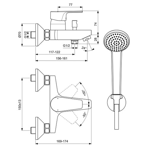 Immagine di Ideal Standard CERAFINE D miscelatore monocomando esterno per vasca/doccia, con doccetta 1 funzione, supporto a muro e flessibile 150 cm, finitura cromo BC693AA