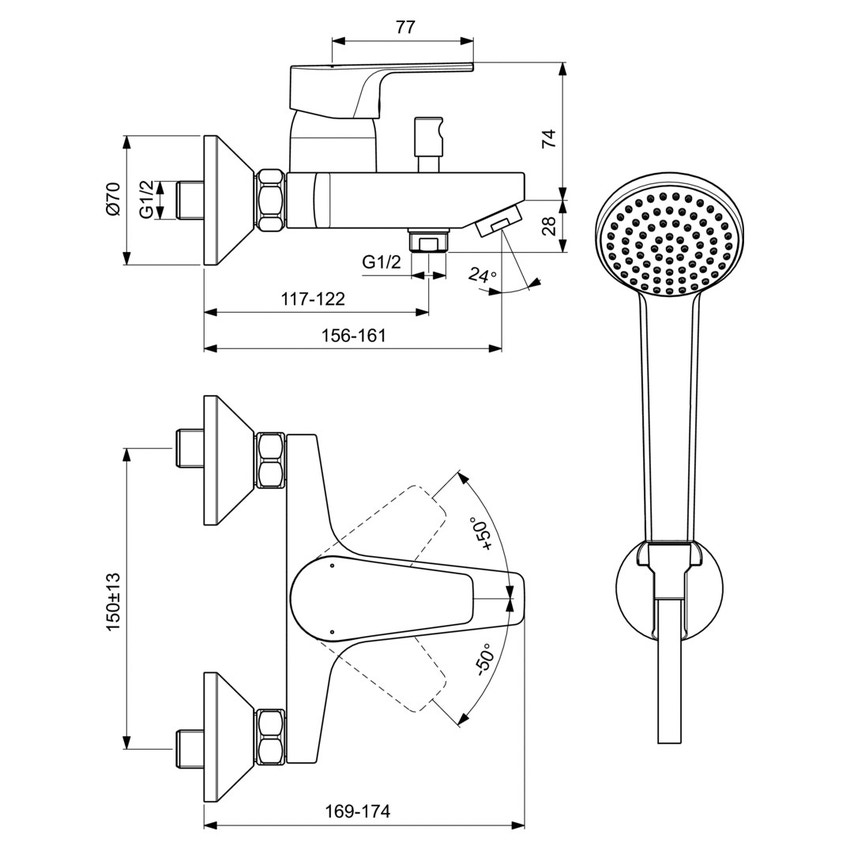 Immagine di Ideal Standard CERAFINE D miscelatore monocomando esterno per vasca/doccia, con doccetta 1 funzione, supporto a muro e flessibile 150 cm, finitura cromo BC693AA