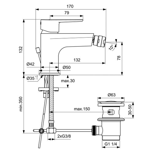 Immagine di Ideal Standard CERAFINE O miscelatore monocomando P.18 cm per bidet, con asta di comando e scarico piletta da 1-1/4", colore nero finitura opaco BC705XG