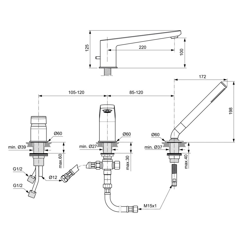 Immagine di Ideal Standard TONIC II gruppo bordo vasca a 3 fori, bocca d’erogazione con deviatore integrato, finitura cromo A6348AA