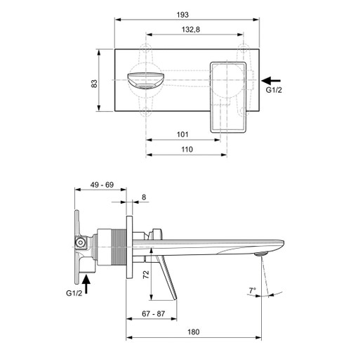 Immagine di Ideal Standard CONCA miscelatore monocomando lavabo P.18 cm per installazione a parete, finitura silver storm A7371GN