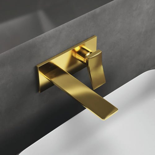 Immagine di Ideal Standard CONCA miscelatore monocomando lavabo P.18 cm per installazione a parete, finitura brushed gold A7371A2