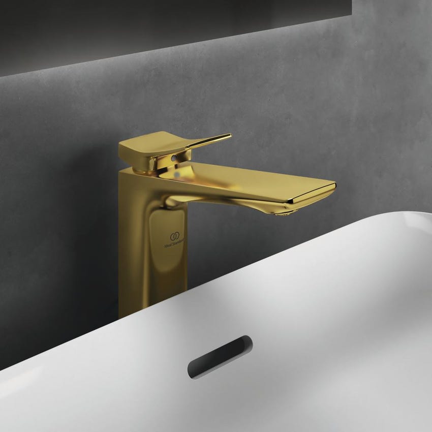 Immagine di Ideal Standard CONCA miscelatore monocomando da appoggio su piano per lavabo, con scarico, finitura brushed gold BC757A2