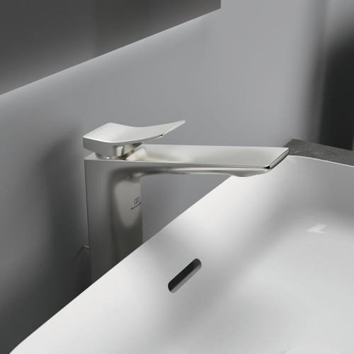 Immagine di Ideal Standard CONCA miscelatore monocomando da appoggio su piano per lavabo, con scarico, finitura silver storm BC757GN