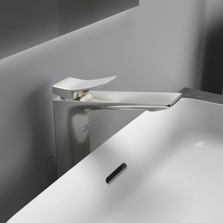 Immagine di Ideal Standard CONCA miscelatore monocomando da appoggio su piano per lavabo, con scarico, finitura silver storm BC757GN