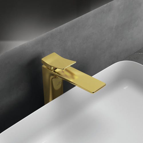 Immagine di Ideal Standard CONCA miscelatore monocomando da appoggio su piano per lavabo, senza scarico, finitura brushed gold BC758A2