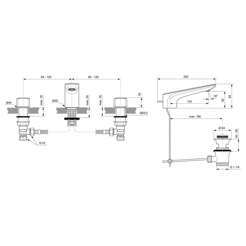 Immagine di Ideal Standard CONCA miscelatore a 3 fori per lavabo, con scarico, finitura cromo BC759AA