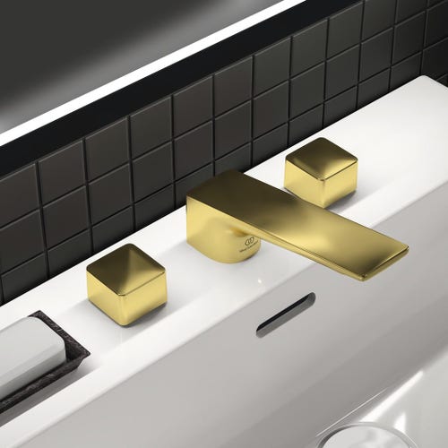 Immagine di Ideal Standard CONCA miscelatore a 3 fori per lavabo, con scarico, finitura brushed gold BC759A2