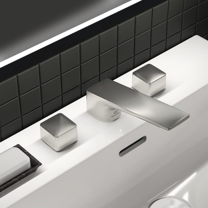 Immagine di Ideal Standard CONCA miscelatore a 3 fori per lavabo, con scarico, finitura silver storm BC759GN