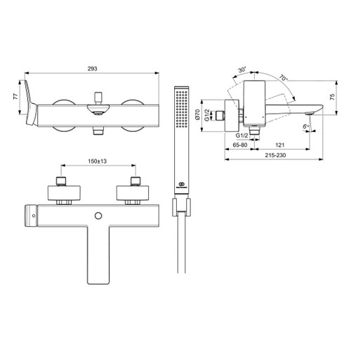 Immagine di Ideal Standard CONCA miscelatore monocomando esterno per vasca/doccia, con doccetta 1 funzione, supporto fisso e flessibile 160 cm, finitura cromo BC763AA