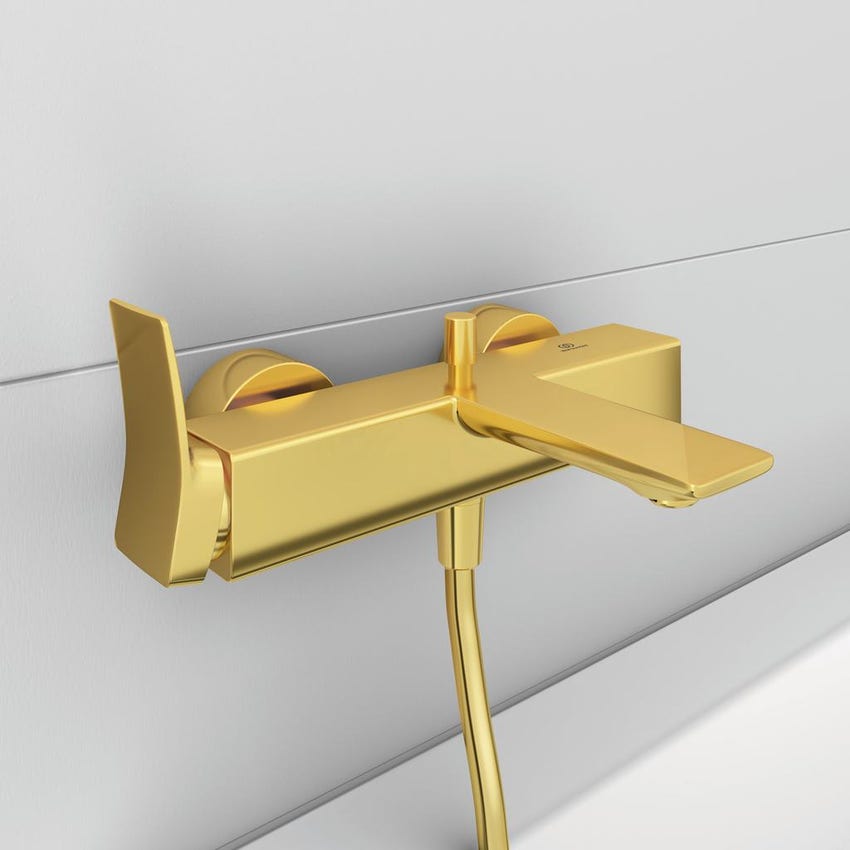 Immagine di Ideal Standard CONCA miscelatore monocomando esterno per vasca/doccia, con doccetta 1 funzione, supporto fisso e flessibile 160 cm, finitura brushed gold BC763A2