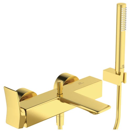 Immagine di Ideal Standard CONCA miscelatore monocomando esterno per vasca/doccia, con doccetta 1 funzione, supporto fisso e flessibile 160 cm, finitura brushed gold BC763A2