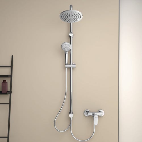 Immagine di Ideal Standard IDEALRAIN DUO colonna doccia, senza miscelatore, con deviatore a due vie, doccetta Ø 10 cm, soffione Ø 20 cm, finitura cromo A5691AA