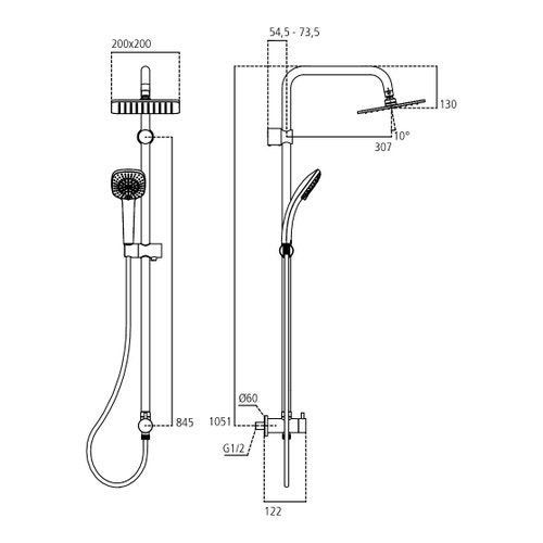Immagine di Ideal Standard IDEALRAIN DUO CUBE colonna doccia, senza miscelatore, con deviatore a due vie, con doccetta L.10 cm, soffione L.20 cm e asta Ø 2,5 cm, finitura cromo A5834AA