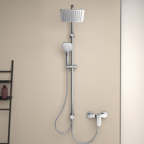 Immagine di Ideal Standard IDEALRAIN DUO CUBE colonna doccia, senza miscelatore, con deviatore a due vie, doccetta L.10 cm, soffione L.20 cm, finitura cromo A5862AA