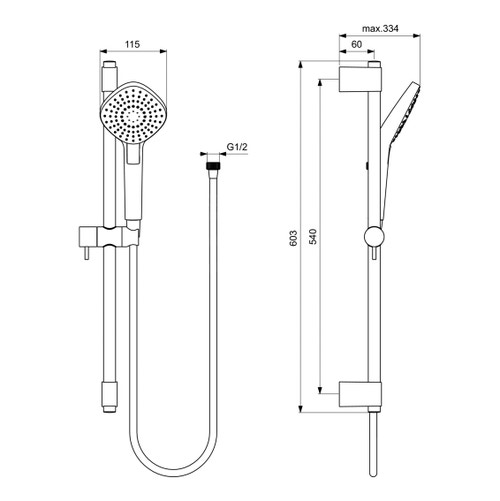 Immagine di Ideal Standard IDEALRAIN EVO asta doccia Diamond da 60 cm, doccetta da 11 cm con sistema anticalcare, finitura cromo B2234AA