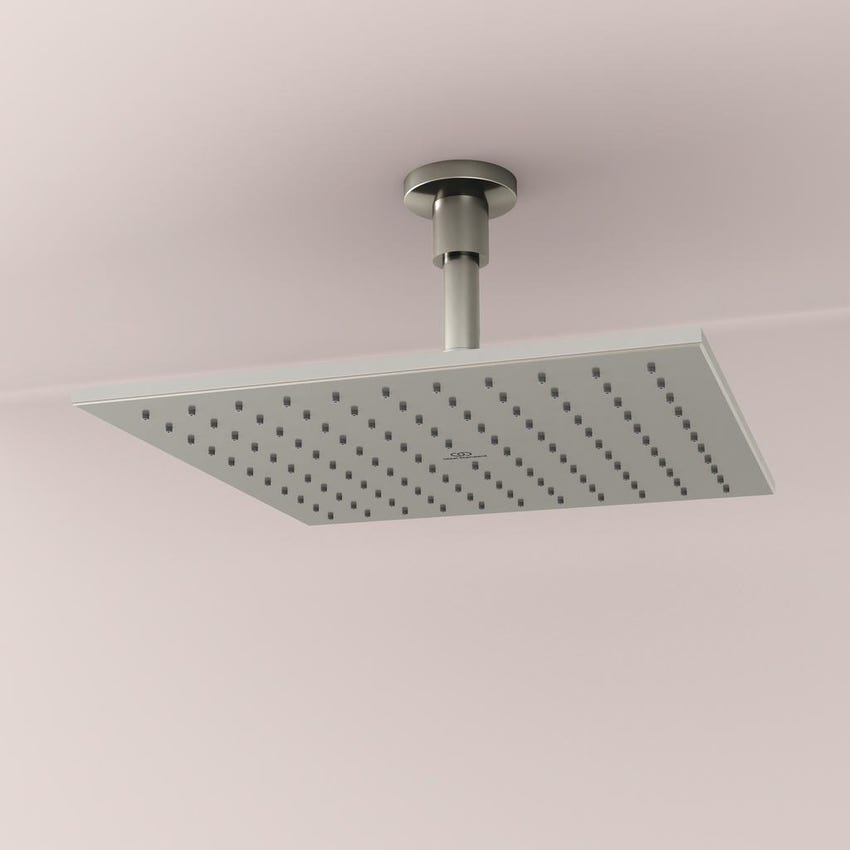 Ideal Standard soluzione bagno doppio lavabo 60 cm su mensola 180 cm,  colore bianco finitura lucido, doccia rettangolare 120x90 cm, colore grigio  cemento finitura pietra opaco, rubinetteria finitura silver storm SING10