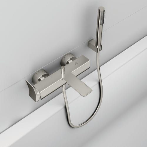 Immagine di Ideal Standard soluzione bagno doppio lavabo 60 cm su mensola 180 cm, colore bianco finitura lucido, doccia rettangolare 120x90 cm, colore grigio cemento finitura pietra opaco, rubinetteria finitura silver storm SING10