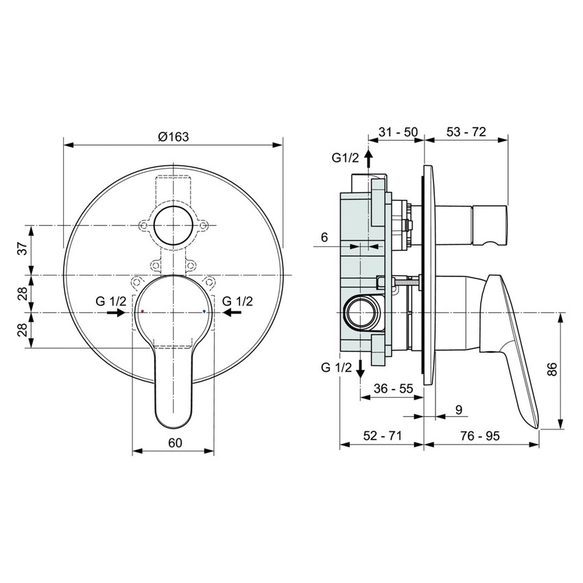 Immagine di Ideal Standard ALPHA miscelatore monocomando ad incasso per vasca/doccia, con deviatore, corpo incasso incluso, finitura cromo A7185AA