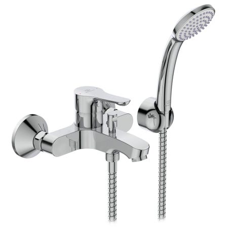 Immagine di Ideal Standard ALPHA miscelatore monocomando esterno per vasca/doccia, comprende doccetta a 1 funzione, supporto a muro e tubo flessibile 150 cm, finitura cromo BC676AA