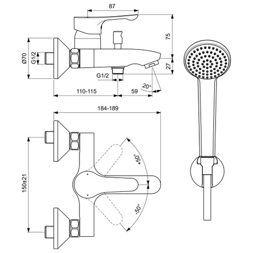 Immagine di Ideal Standard ALPHA miscelatore monocomando esterno per vasca/doccia, comprende doccetta a 1 funzione, supporto a muro e tubo flessibile 150 cm, finitura cromo BC676AA