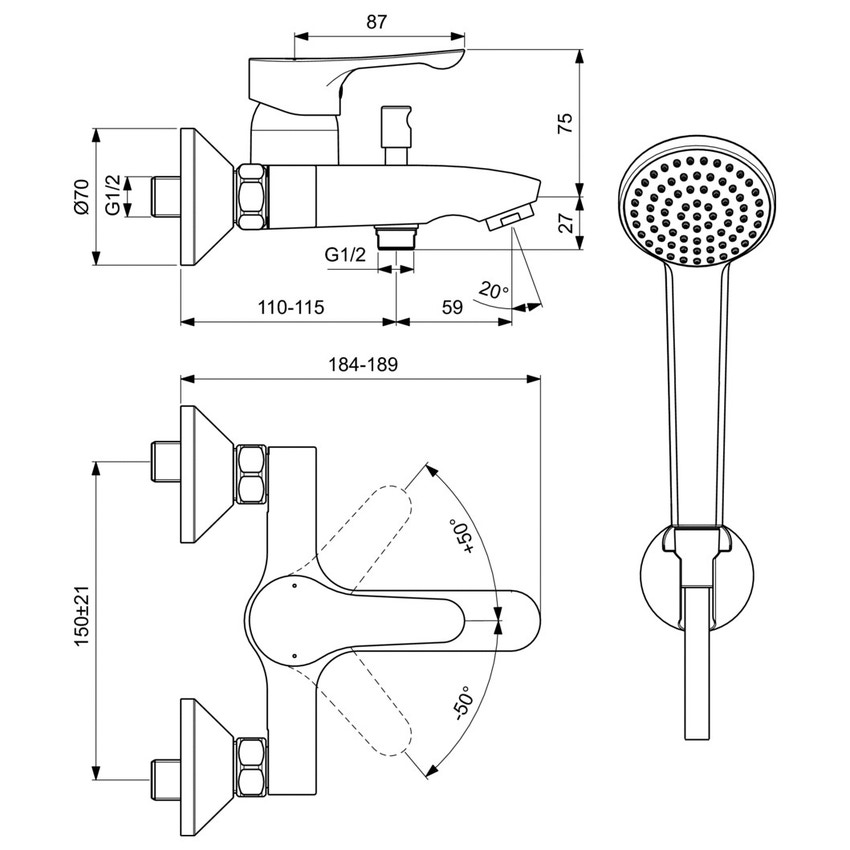 Immagine di Ideal Standard ALPHA miscelatore monocomando esterno per vasca/doccia, comprende doccetta a 1 funzione, supporto a muro e tubo flessibile 150 cm, finitura cromo BC676AA