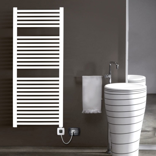 Immagine di Deltacalor ELECTRO PLUS scaldasalviette 2 intervalli, H.189,1 L.51,5 cm, con cronotermostato bluetooth, colore special quarz black finitura ruvido BAD4180050NS7C