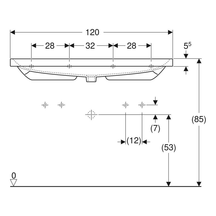 Immagine di Geberit ACANTO lavabo L.117 cm, con 2 fori per rubinetto e troppopieno, colore bianco finitura KeraTect 501.880.00.2