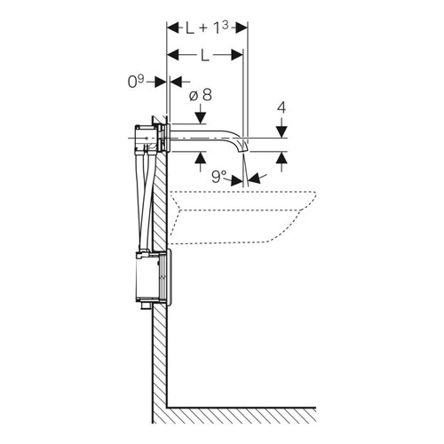 Immagine di Geberit PIAVE rubinetteria per lavabo montaggio a parete, funzionamento a rete, per scatola funzionale da incasso, con bocca d'erogazione da 17 cm, con miscelatore termostatico, finitura cromo lucido 116.267.21.1